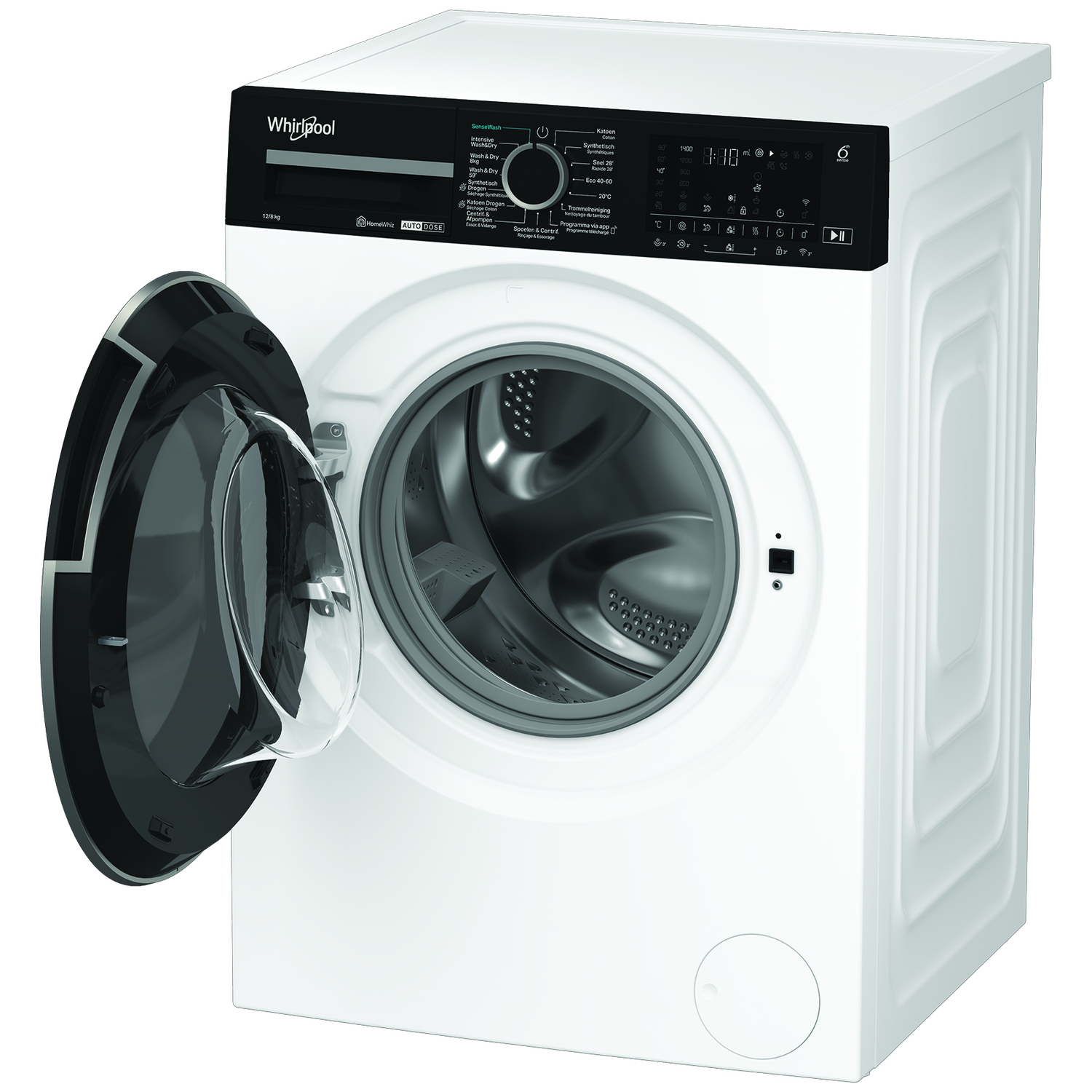 A white Whirlpool washing machine with an open black door. Controls are on the top, with a digital display.