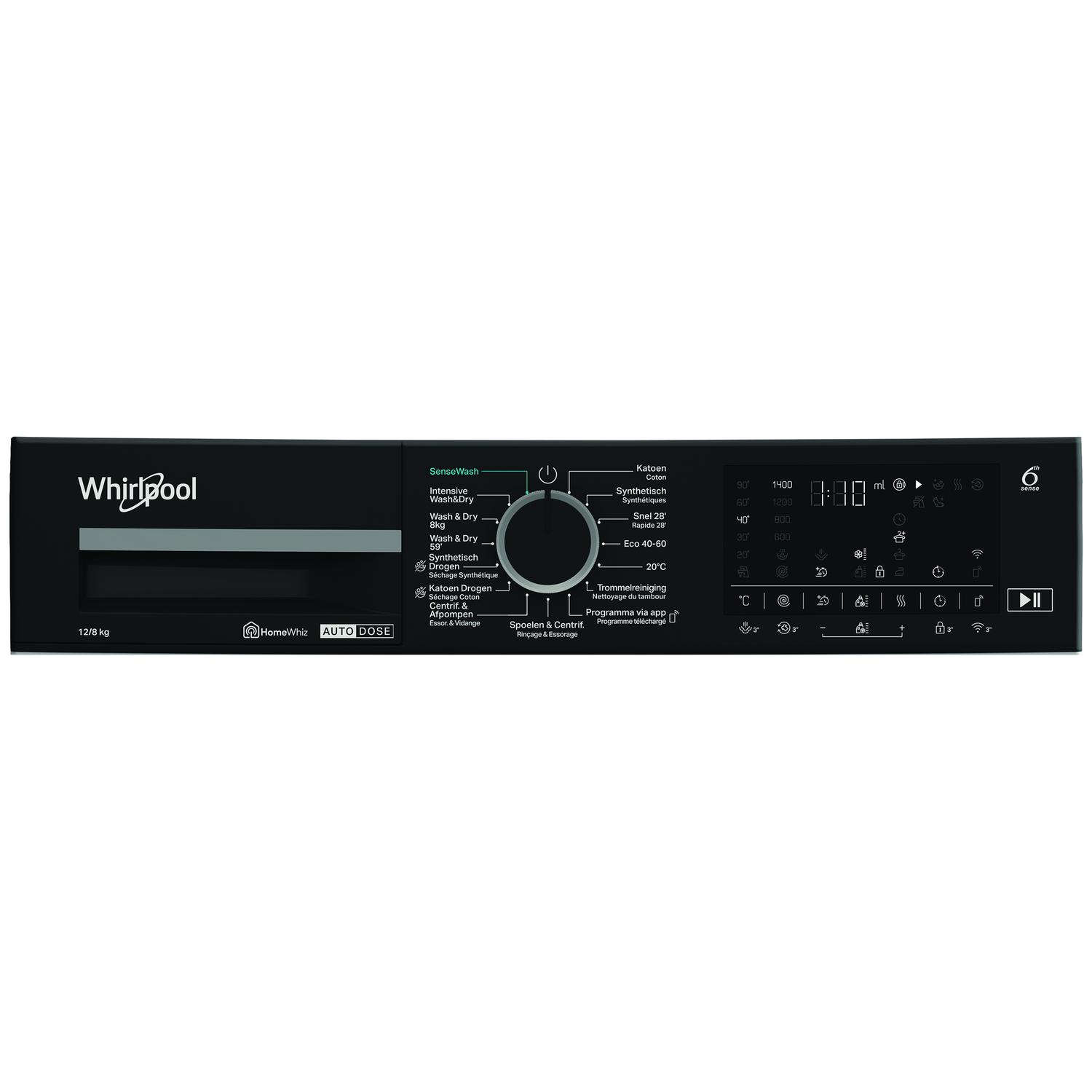 Black Whirlpool washing machine control panel with buttons, a digital display, and program options for various fabric types.