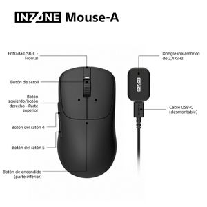 Ratón INZONE-A negro con cable USB-C y dongle inalámbrico de 2,4 GHz, varios botones y rueda de desplazamiento.