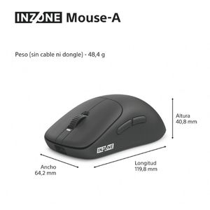 Un ratón negro INZONE Mouse-A, con dimensiones: 119,8 mm de largo, 64,2 mm de ancho y 40,8 mm de alto. Peso: 48,4 g.