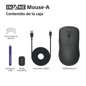 Ratón INZONE Mouse-A negro, cable USB, dongle inalámbrico, pies de ratón de repuesto, brida para cables, todo sobre blanco.