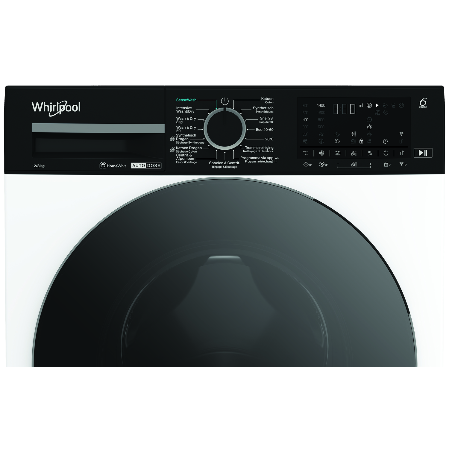 A Whirlpool washing machine control panel with various settings and a digital display.