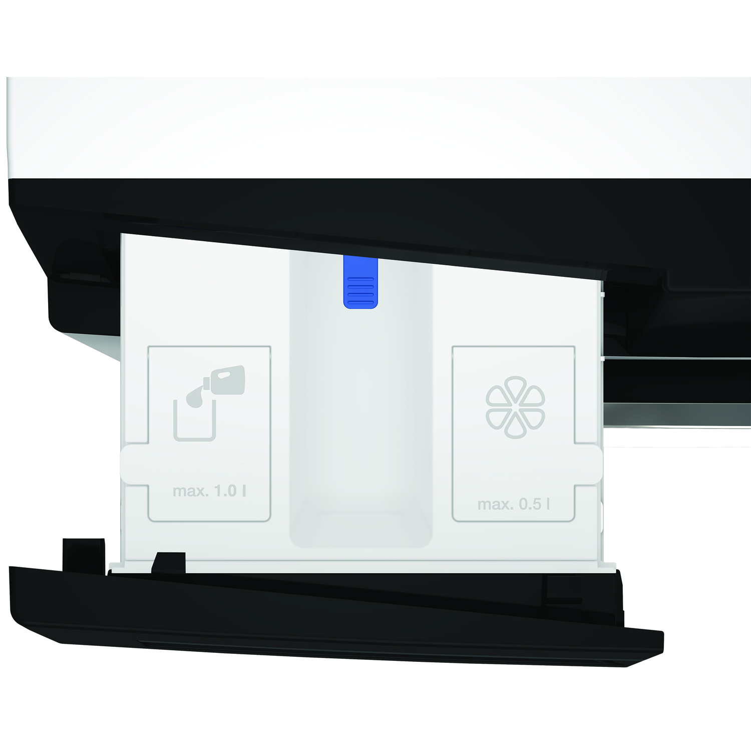 A white and black washing machine detergent drawer. It has compartments with icons and capacity markings. A blue button is on the top.