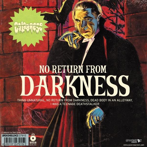 Albumcover: Ein Mann in einem dunklen Mantel, Titel "No Return From Darkness". Roter Backsteinmauer-Hintergrund. Grünes Logo links oben.