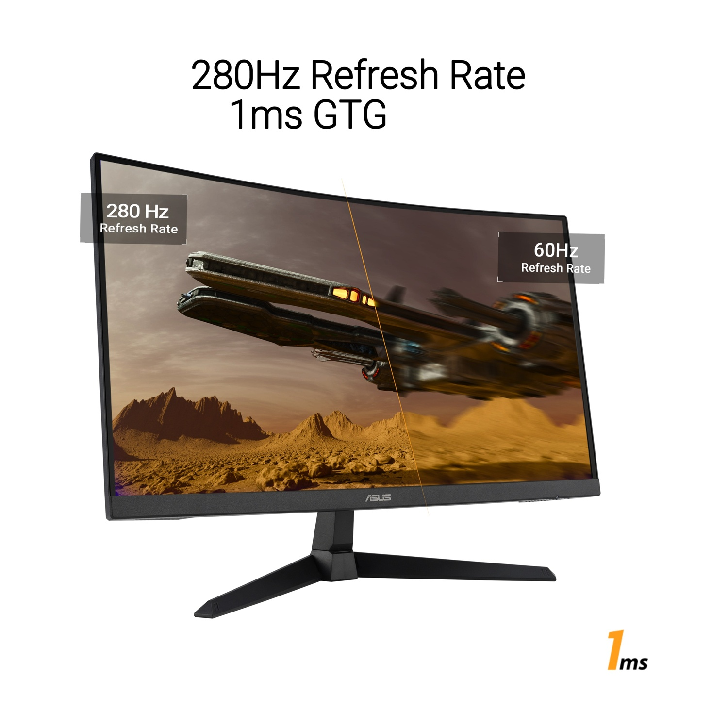 Monitor con scena di navicella spaziale sullo schermo. Visualizza una frequenza di aggiornamento di 280 Hz. Il monitor ha un supporto e una cornice neri.