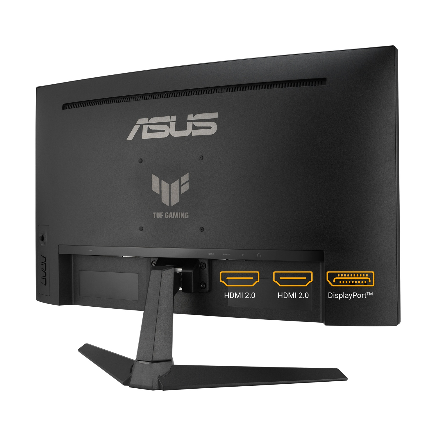 Vista posteriore del monitor ASUS TUF Gaming nero. Presenta porte HDMI e DisplayPort e un supporto. Il logo ASUS è ben visibile.