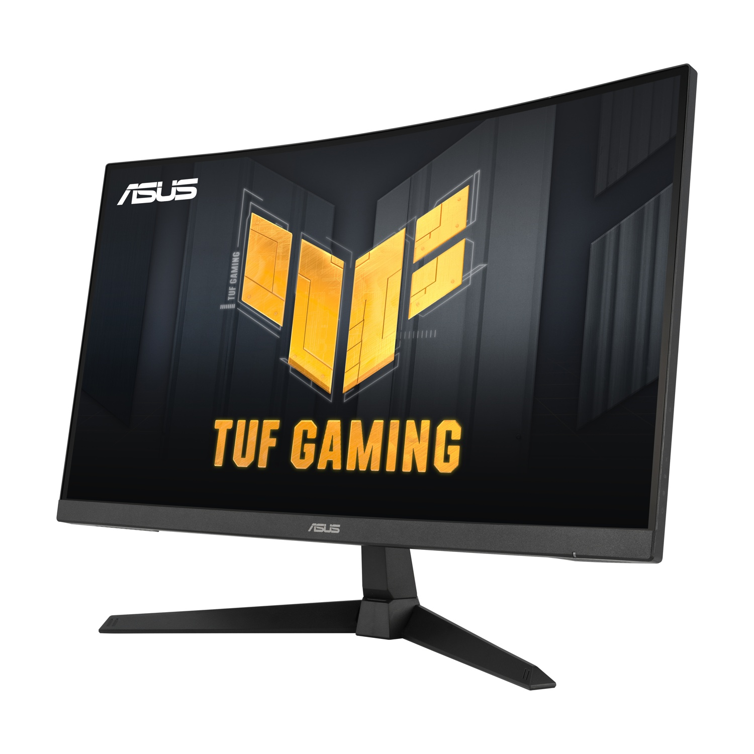 Monitor curvo ASUS TUF Gaming. Cornice, supporto e base neri. Il display mostra il logo TUF Gaming giallo e nero.