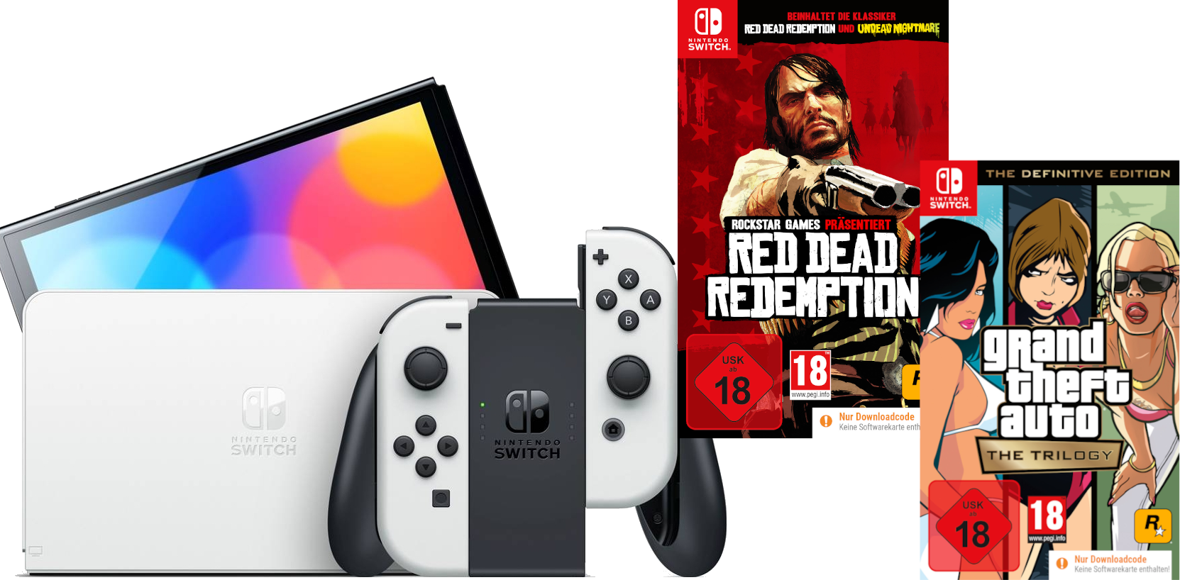 Nintendo Switch Konsole und Spielcover: Red Dead Redemption und Grand Theft Auto: The Trilogy. Beide sind ab 18 Jahren.