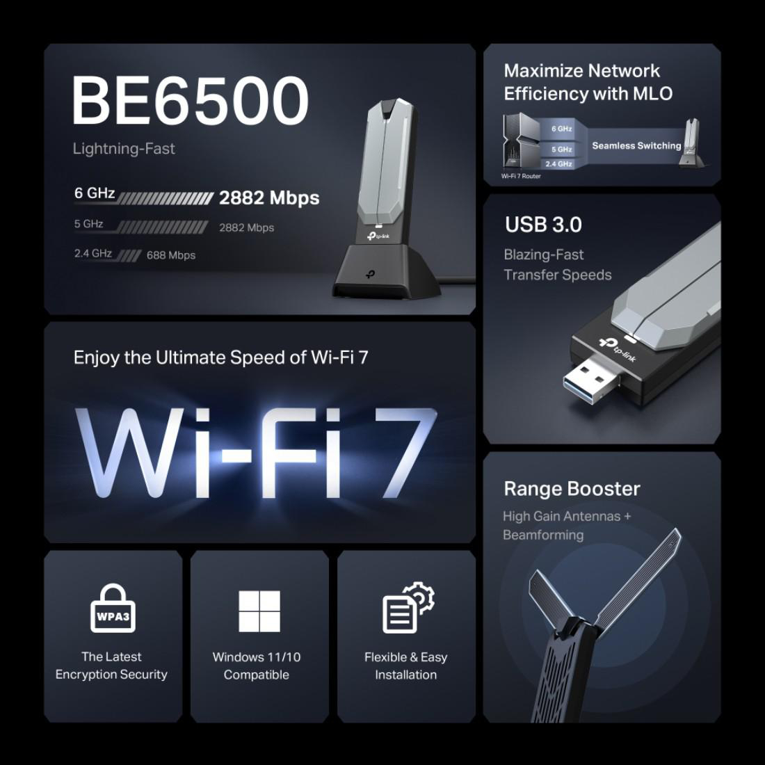 Produktbild zeigt einen Wi-Fi 7 Adapter mit Funktionen wie Geschwindigkeit, USB 3.0 und Reichweitenverstärker.