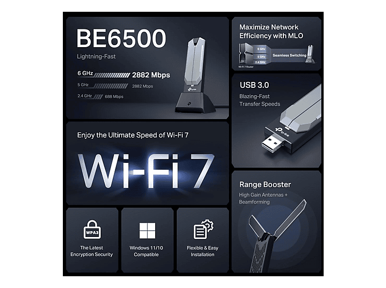 TP-LINK Archer TBE400UH Wireless USB Adapter, Wi-Fi7, Schwarz; WLAN USB Adapter — Foto 3 von 5
