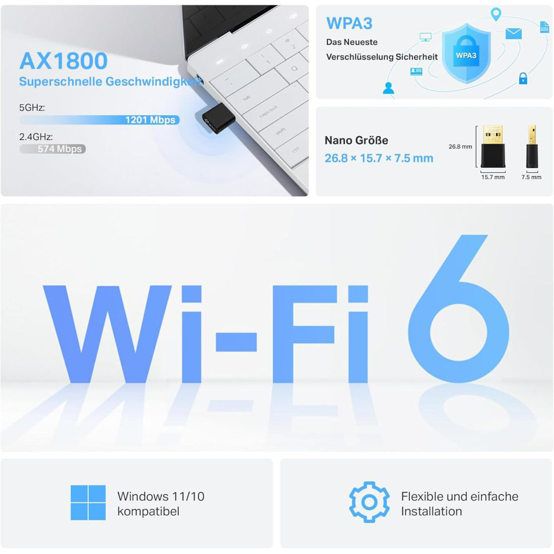 Das Bild zeigt einen Wi-Fi 6-Adapter, Laptop und Details zu Geschwindigkeit und Sicherheit. Text enthält 'Wi-Fi 6', 'WPA3' und 'Windows 11/10'.
