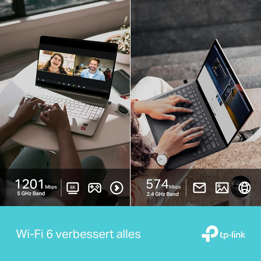 Das Bild zeigt zwei Laptops in Gebrauch. Einer hat einen Videoanruf, der andere eine Webseite. Text hebt Wi-Fi-Geschwindigkeiten hervor und TP-Link.