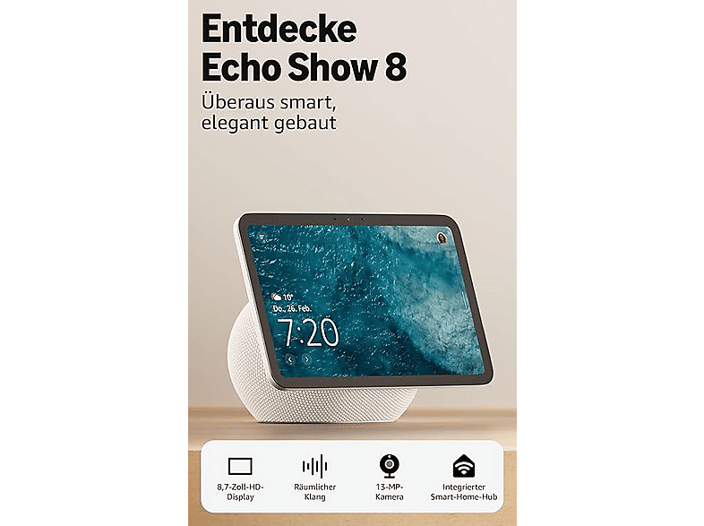 Amazon Echo Show 8 (neueste Generation), brillantes 8,7-Zoll-Display in HD-Auflösung mit raumfüllendem 3D-Audio und Alexa, Weiß; Smart Speaker — Foto 2 von 5