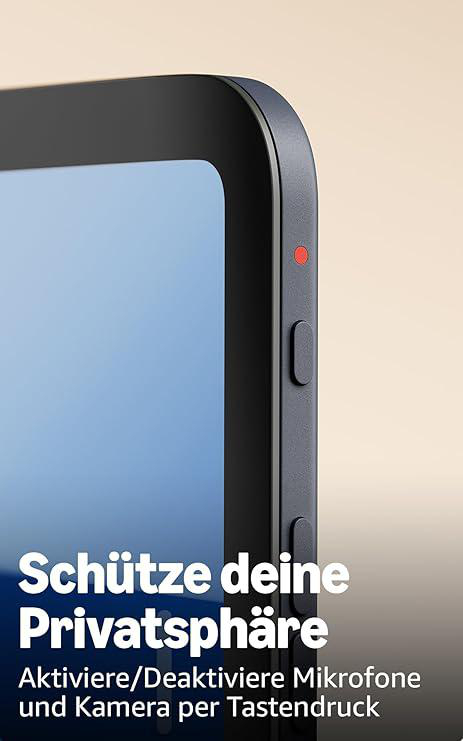 Nahaufnahme eines Tablets. Der Bildschirm ist blau. Die Seite hat Knöpfe und ein rotes Licht. Text: Schützen Sie Ihre Privatsphäre.