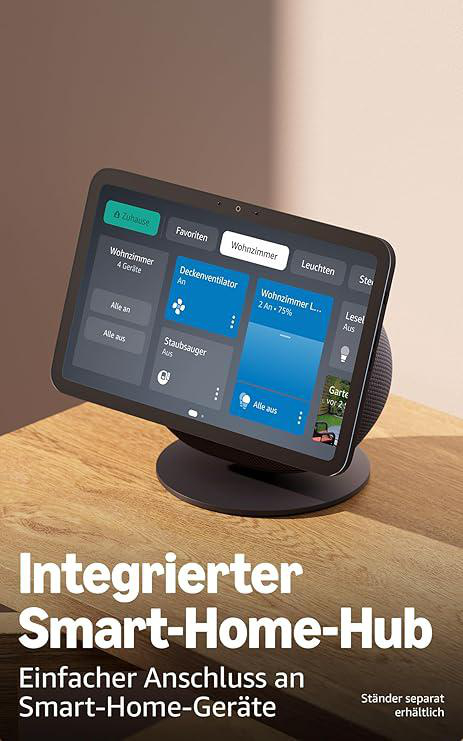 Ein Tablet auf einem Ständer zeigt eine Smart-Home-Oberfläche an. Das Tablet steht auf einem Holztisch. Text: 'Smart-Home-Hub'.