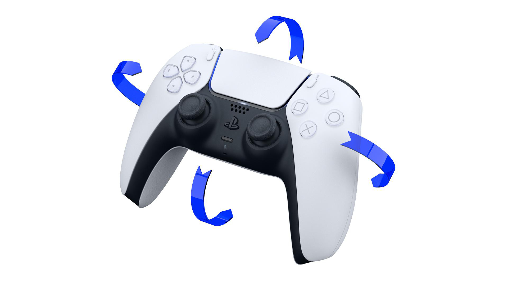 Ein weiß-schwarzer Playstation 5-Controller mit blauen Pfeilen, die Bewegung anzeigen, auf weißem Hintergrund.