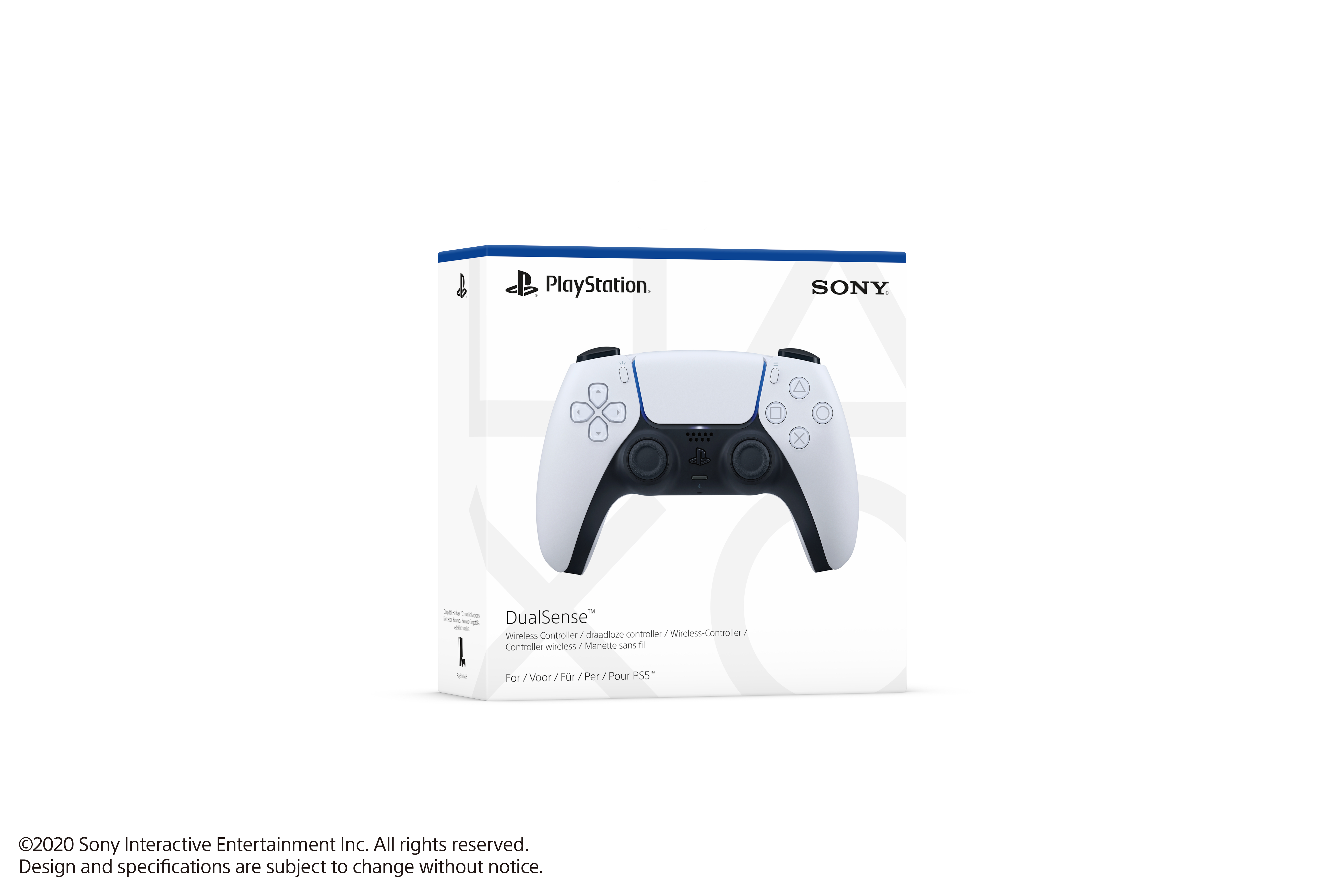 Eine weiße und schwarze PlayStation DualSense-Controller-Box. Die PlayStation- und Sony-Logos sind sichtbar.