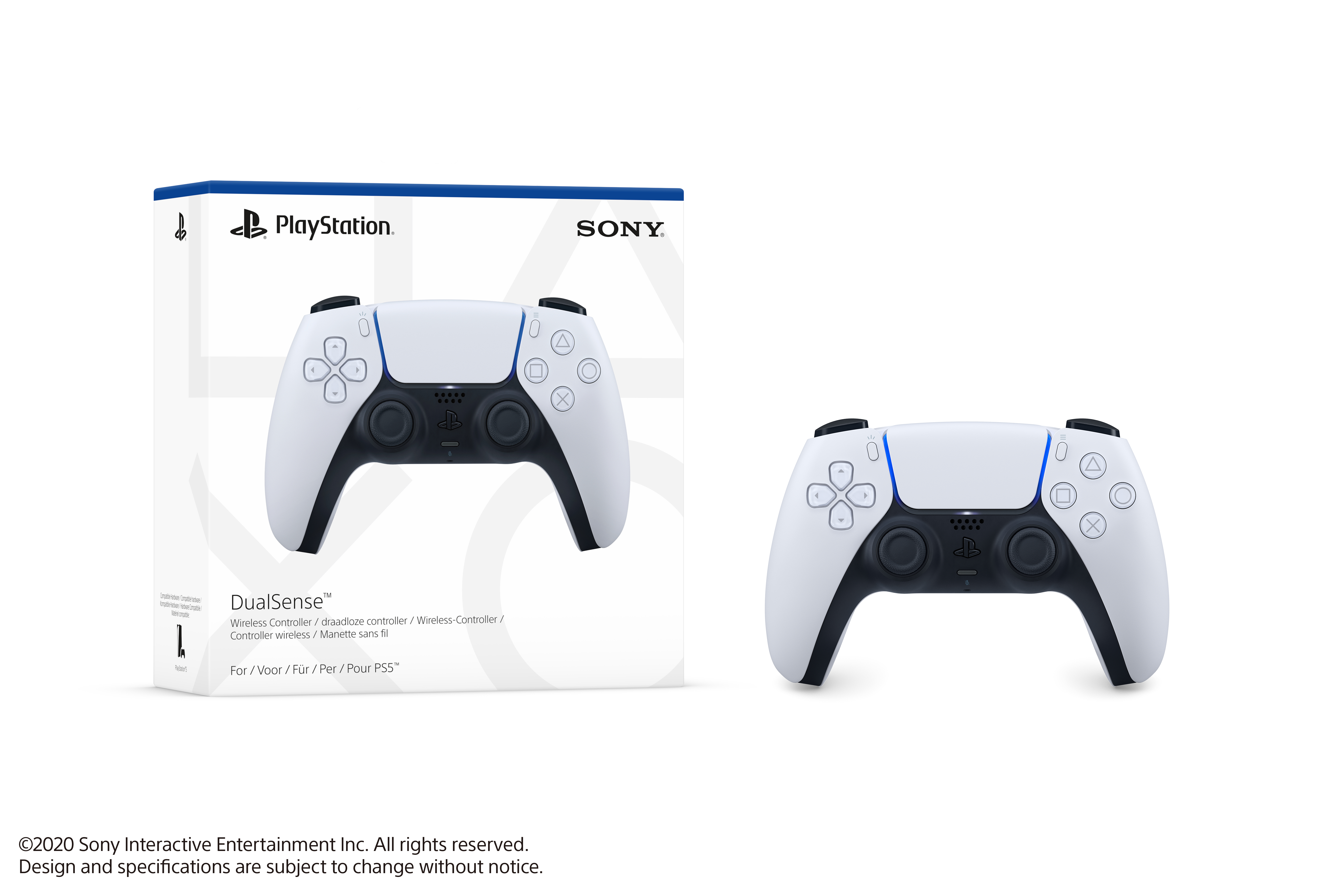 Das Bild zeigt einen weißen PlayStation 5 DualSense-Controller und seine Box. Der Controller ist weiß mit schwarzen Akzenten.