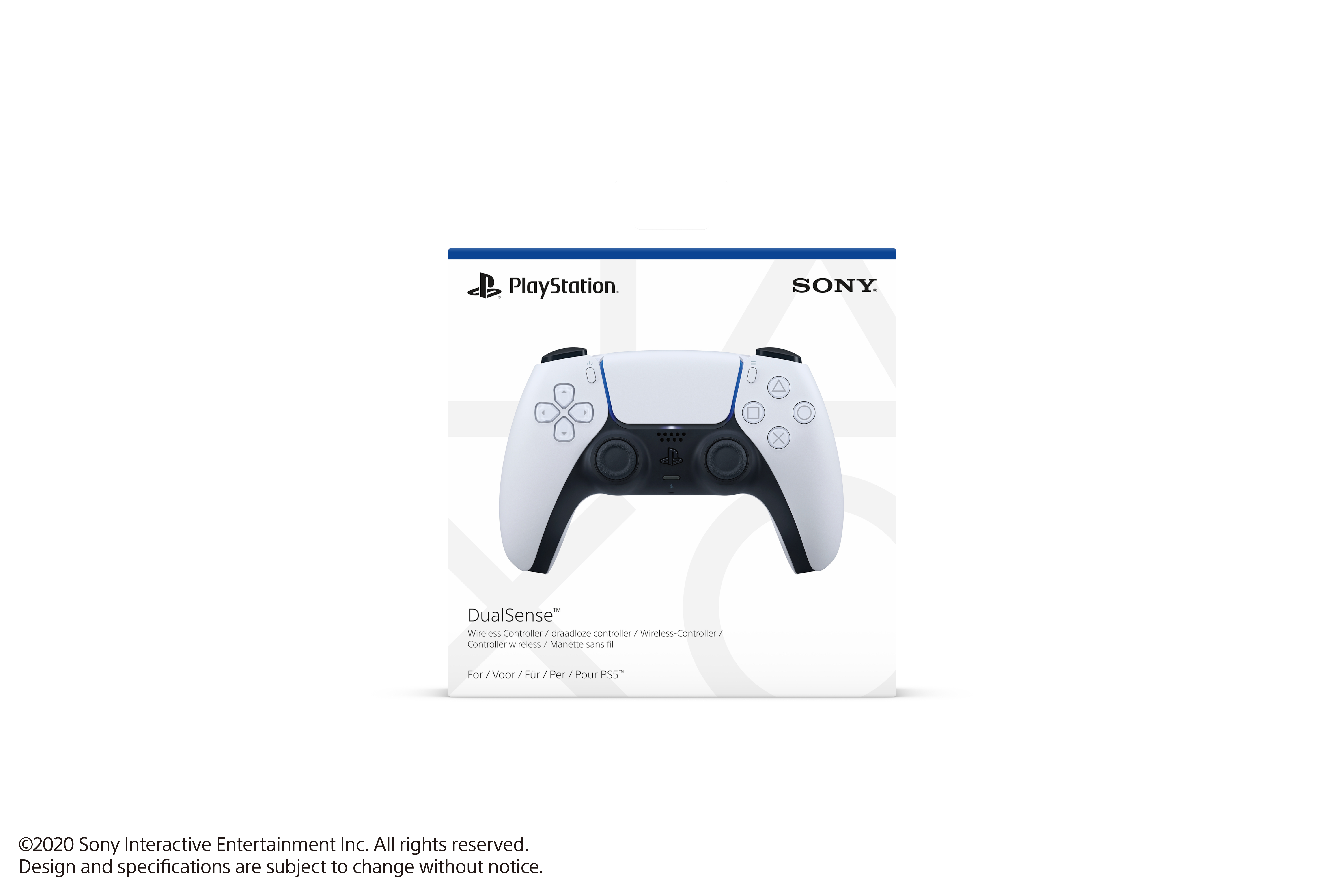 Das Bild zeigt einen weißen und schwarzen Playstation DualSense-Controller auf seiner Box vor weißem Hintergrund.