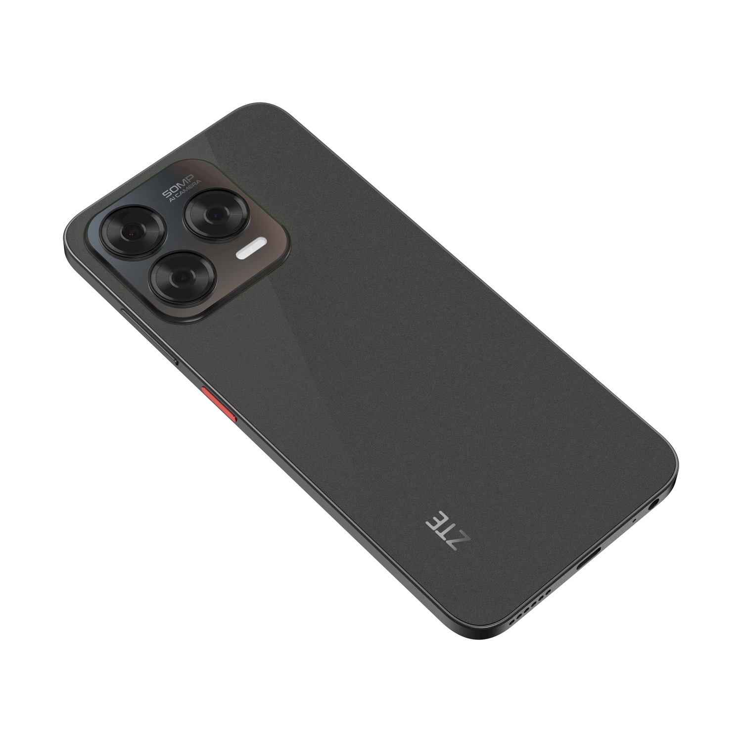 Uno smartphone ZTE nero, vista angolata. Il retro ha tre obiettivi. Il lato ha un pulsante rosso. Il logo ZTE è visibile.