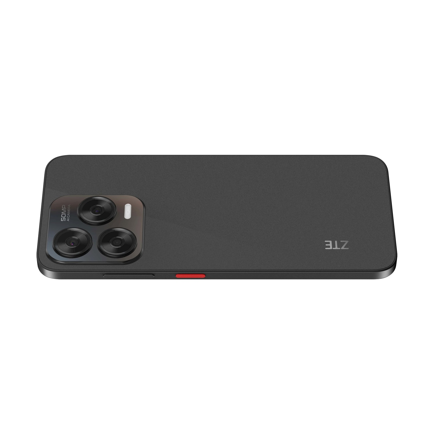 Uno smartphone ZTE nero, con un modulo fotocamera in alto a sinistra. Il telefono ha un pulsante rosso laterale.