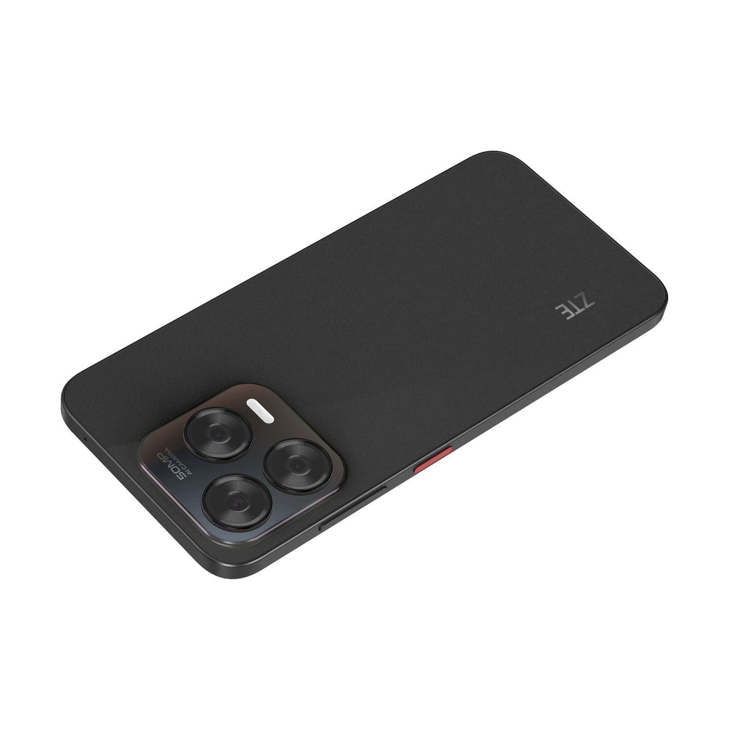 Retro smartphone nero con logo ZTE. Dispone di una configurazione a tripla fotocamera. Pulsante rosso laterale.