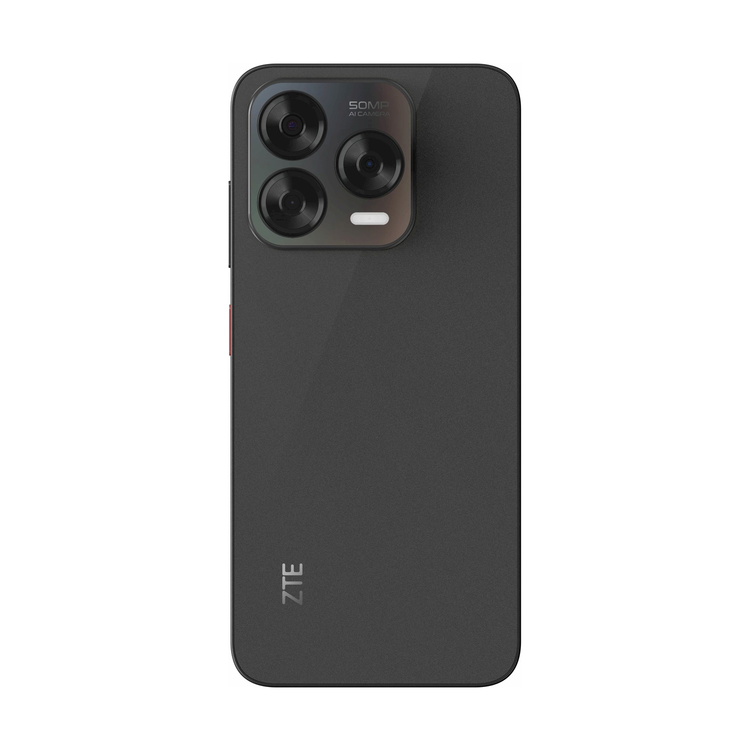 Telefono ZTE nero. Ha quattro fotocamere posteriori, un flash e il logo ZTE. Pulsante rosso laterale.