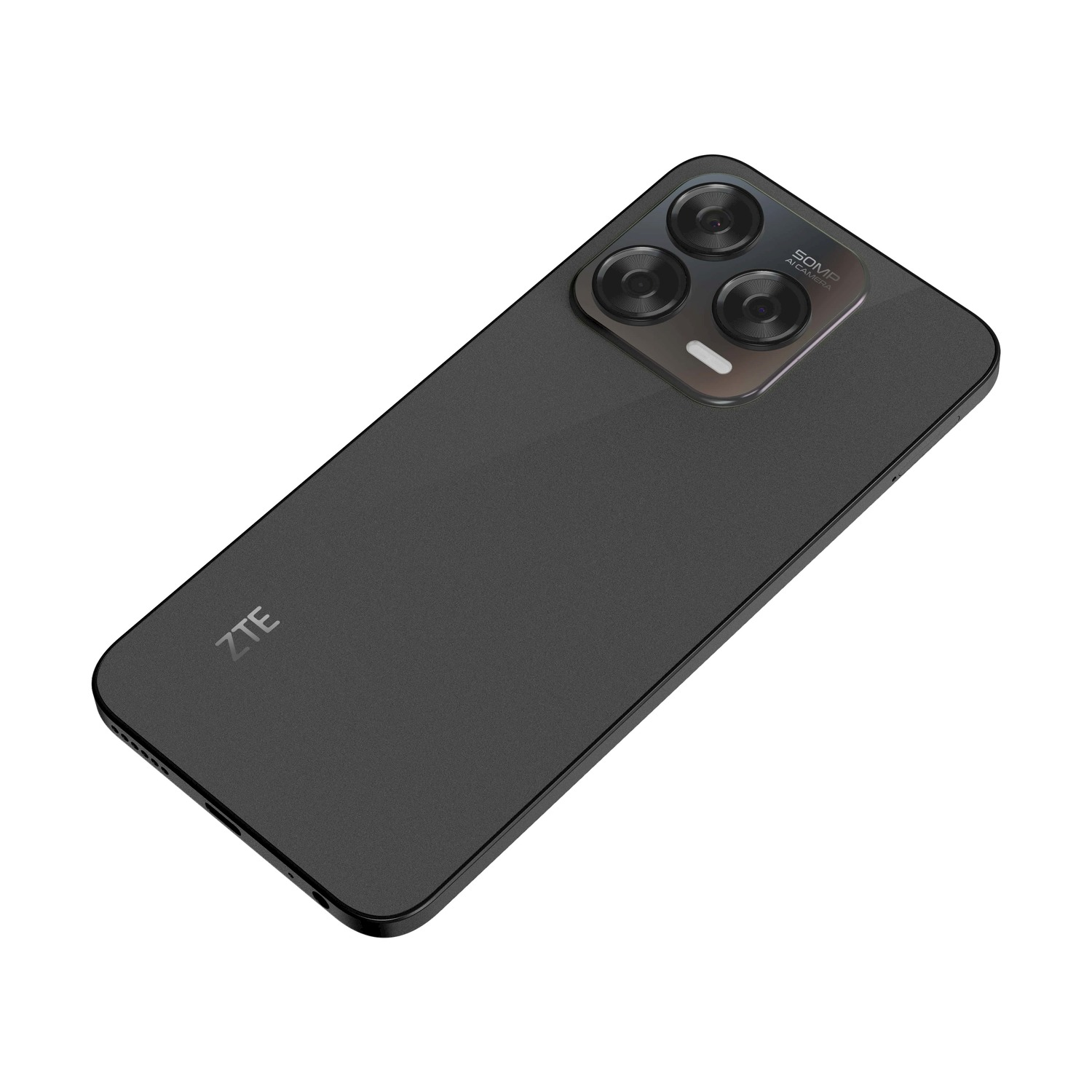 Uno smartphone ZTE nero con tre fotocamere posteriori. Il telefono è su una superficie bianca, con il logo ZTE visibile.