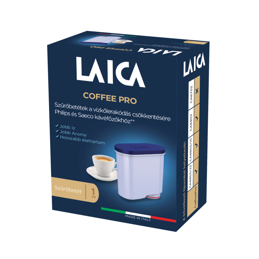 Laica Coffee Pro doboz, szűrővel és kávéscsészével. Szöveg: szűrő előnyei, márkanév és 'Made in Italy'.