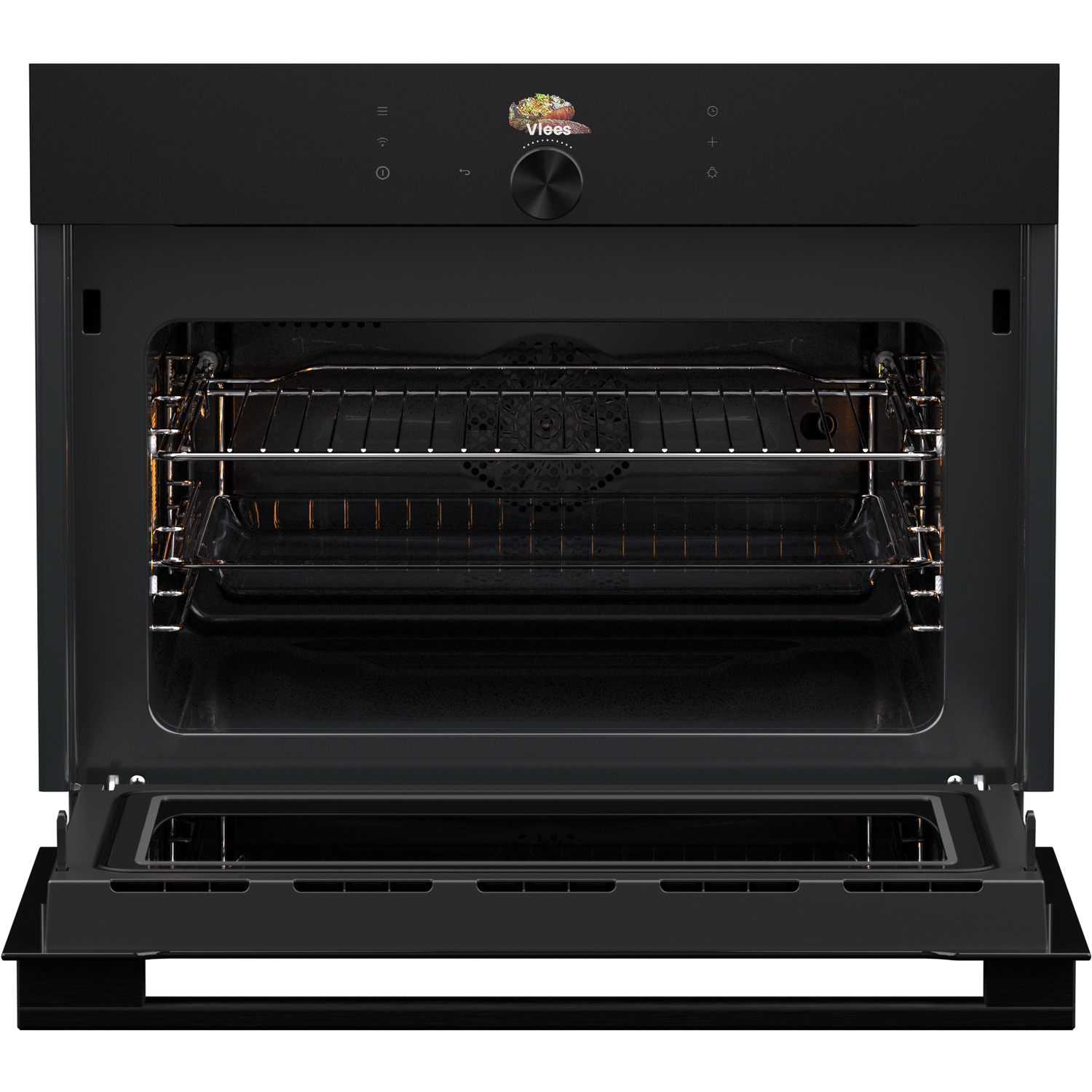 Een zwarte oven is open, met rekken en interieur. De deur is beneden. Bedieningselementen staan erboven. Het woord "vlees" is zichtbaar.