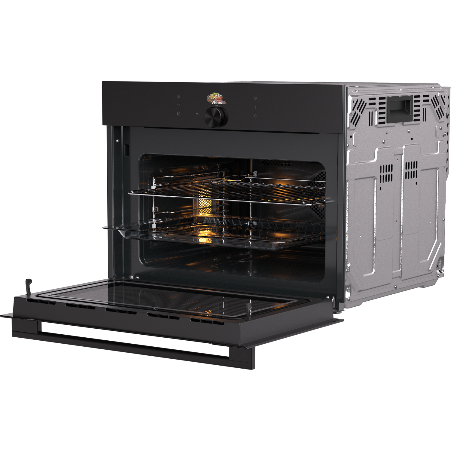 Open zwarte oven, interieur met roosters, deur open. Metalen zijkant zichtbaar. Bedieningspaneel met knop en pictogrammen.