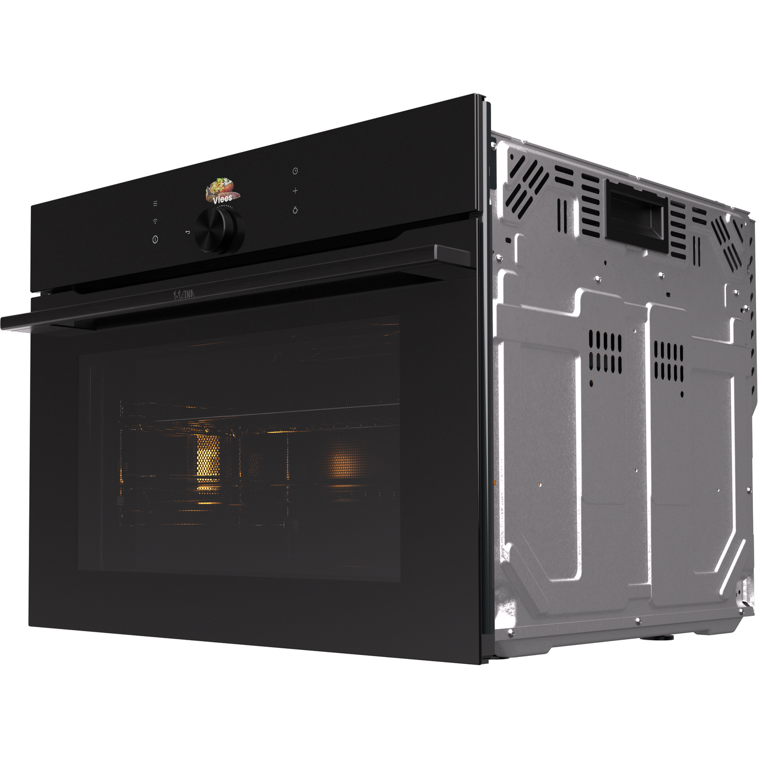 Een zwarte oven, gedeeltelijk open, met een glazen deur. De binnenkant is verlicht. Het bedieningspaneel heeft knoppen en een knop.