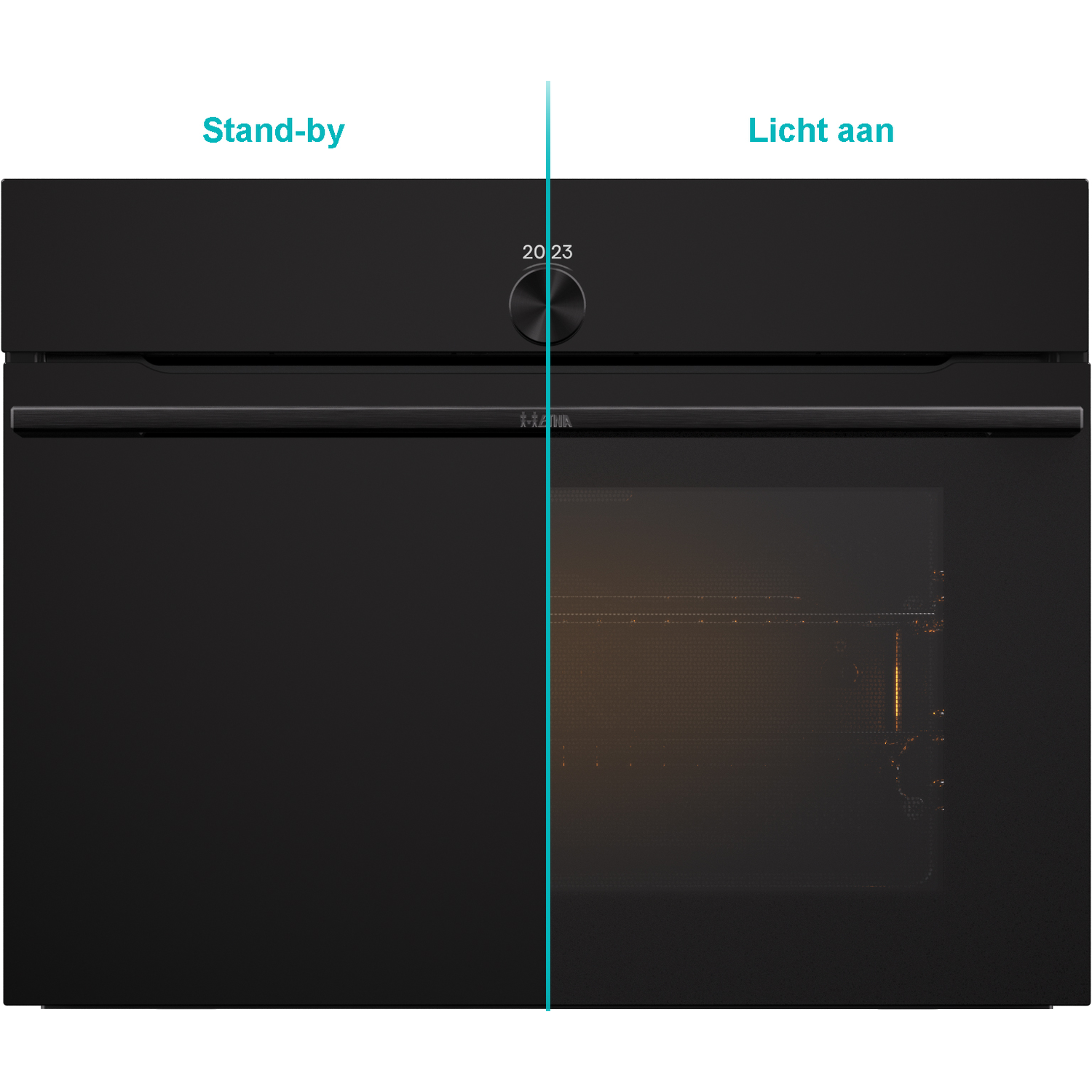 Zwarte oven, met 'Stand-by' en 'Licht aan'. De binnenkant is verlicht, toont eten. Een knop toont '20 23'.