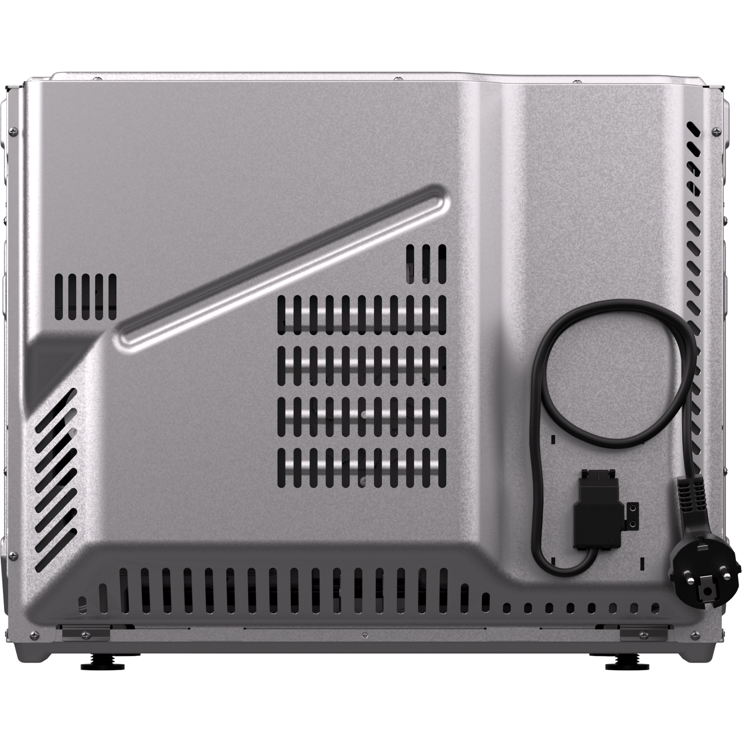 De achterkant van een metalen oven. Het heeft ventilatieopeningen, een netsnoer en een stekker. De kleur is zilver, met zwarte details.