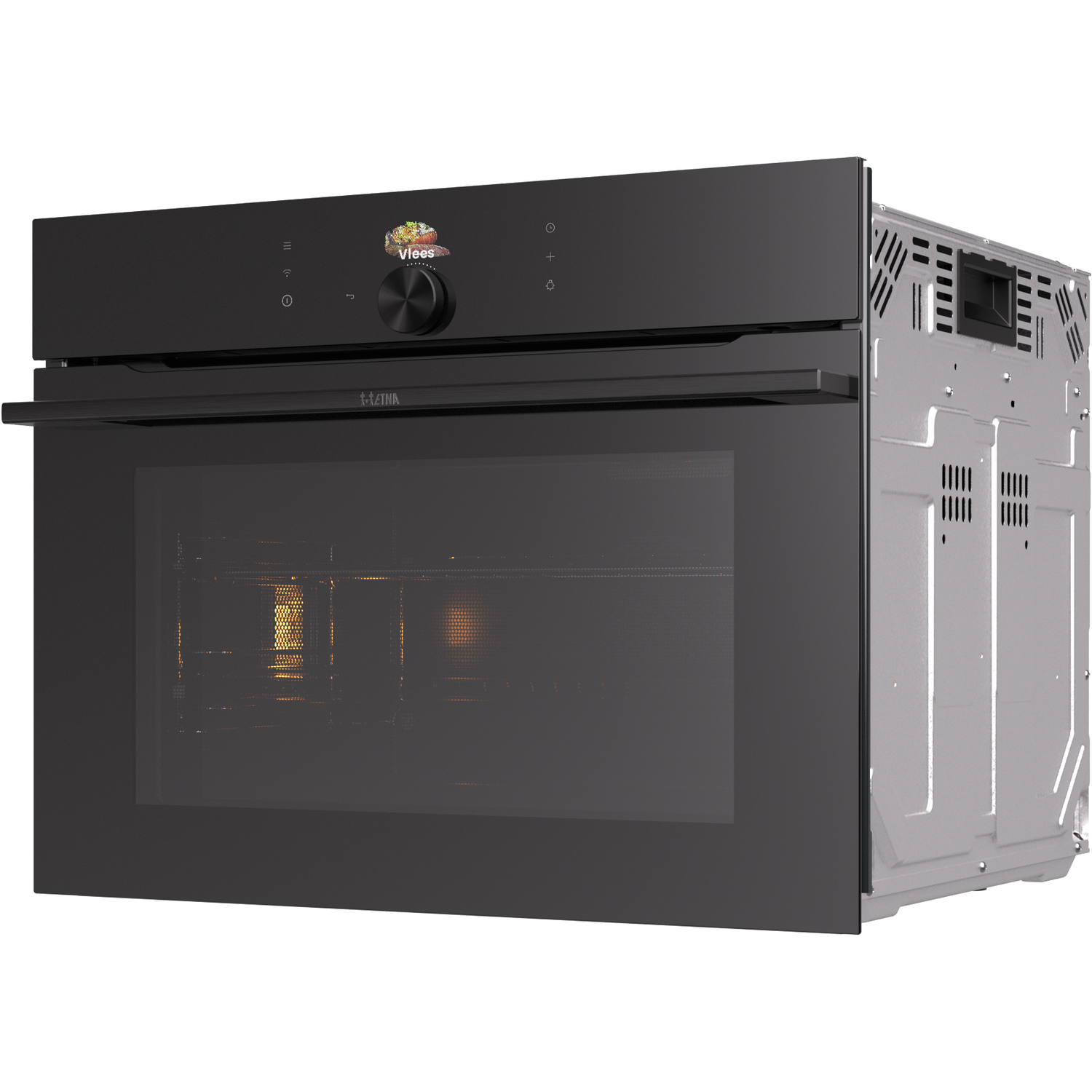 Een zwarte inbouwoven met glazen deur, bedieningspaneel en roestvrijstalen zijkant. De oven staat aan.