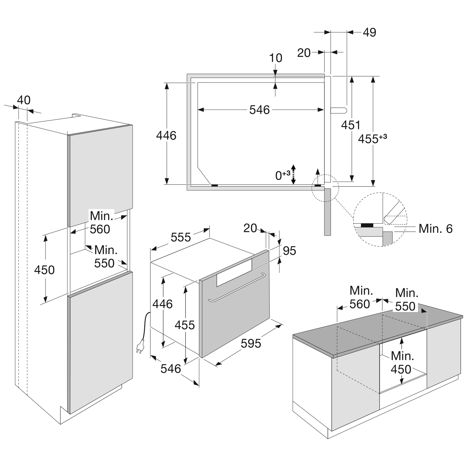 Technische tekening van keukenapparatuur met afmetingen in millimeters. Inclusief koelkast, oven en aanrecht.