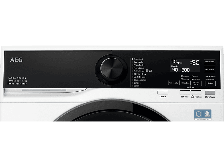 AEG LSR6FA75470 6000 ProSense® Schmale Waschmaschine mit ProSense®-Mengenautomatik (7 kg, 1351 U/Min., A, Tiefe 487mm, Slim, Frontlader); Schmale Waschmaschine mit ProSense®-Mengenautomatik, Tiefe 487mm — Foto 2 von 5