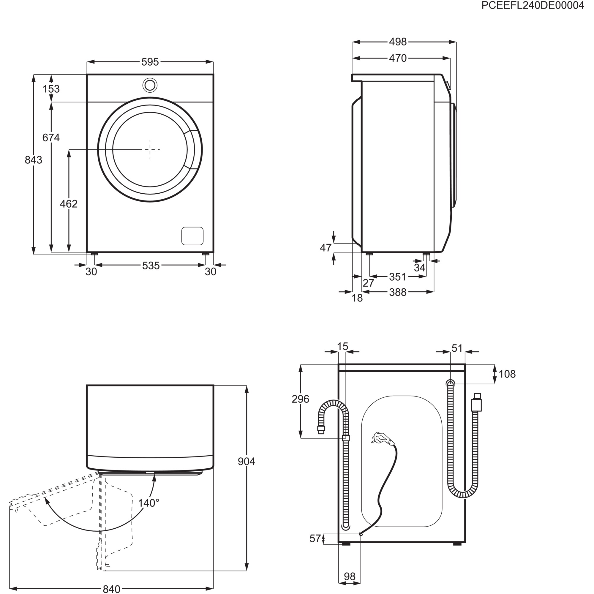 Technische Zeichnung einer Waschmaschine, mit Abmessungen und verschiedenen Ansichten mit Maßen in Millimetern.