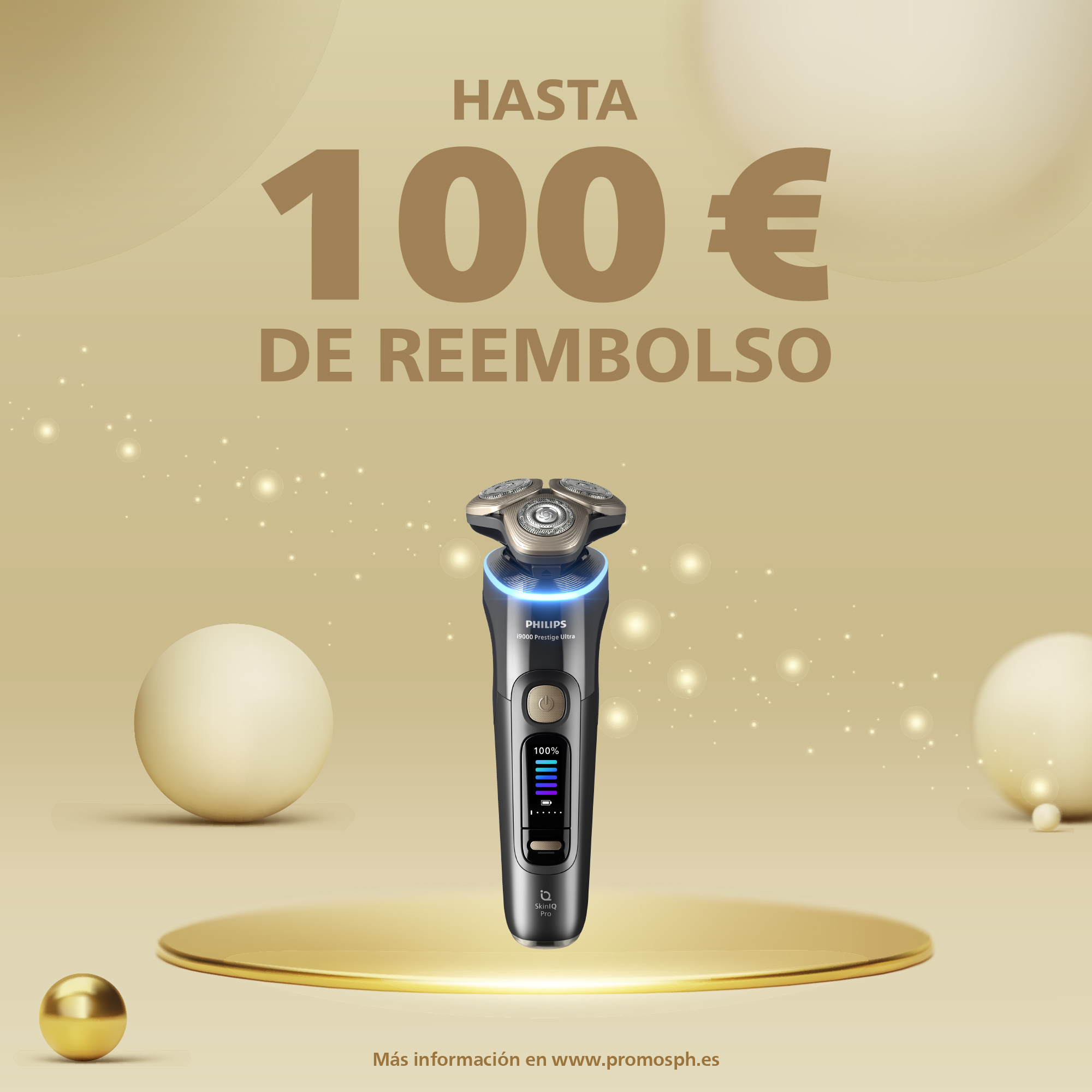 Un anuncio muestra una afeitadora Philips con una oferta de reembolso de 100 €. Esferas doradas y plataforma dorada.