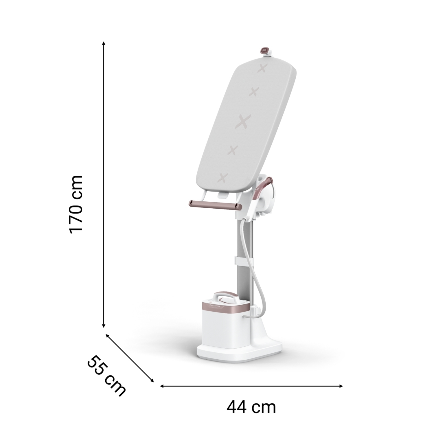 Un vaporizzatore per indumenti bianco e oro rosa, dimensioni: 170 cm di altezza, 55 cm di larghezza e 44 cm di profondità, con un'asse da stiro.