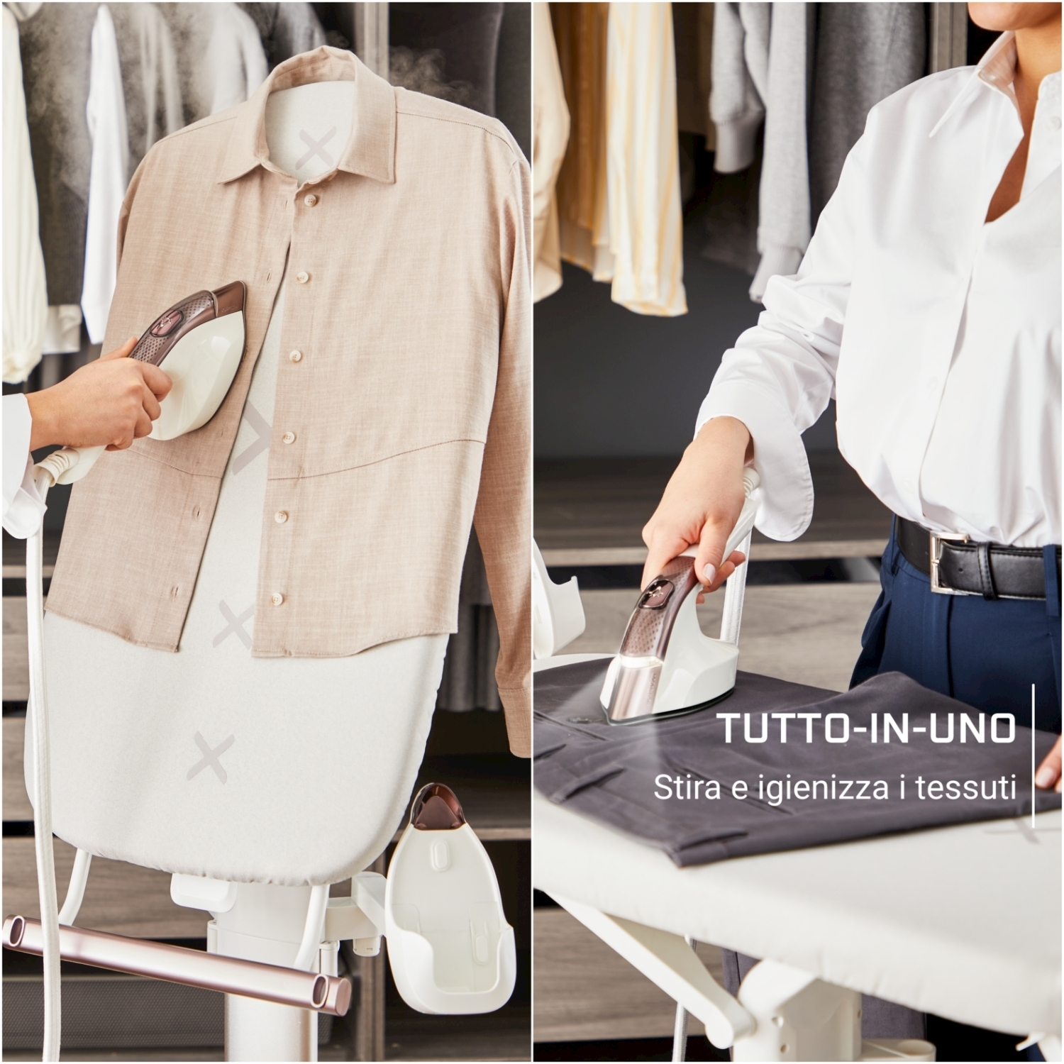 Una persona che stira una camicia e pantaloni con un ferro da stiro a vapore. La scena comprende attaccapanni e un asse da stiro bianco.
