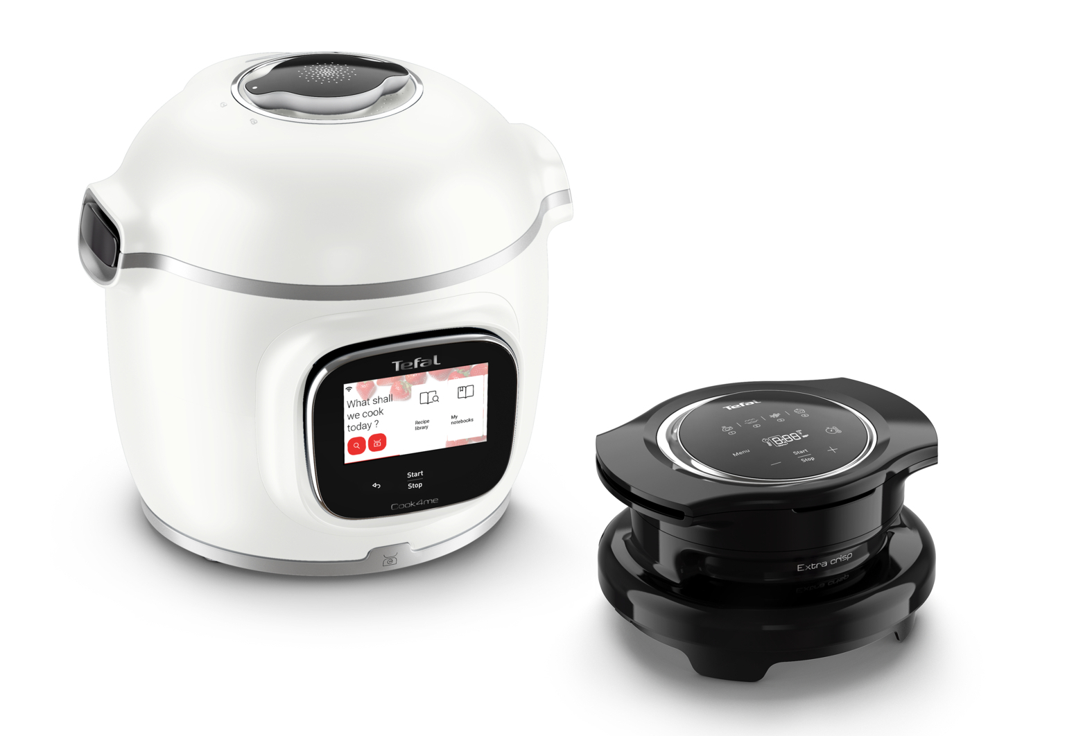 Białe urządzenie wielofunkcyjne Tefal Cook4Me i czarne urządzenie Extra Crisp na białej powierzchni. Cook4Me ma ekran.