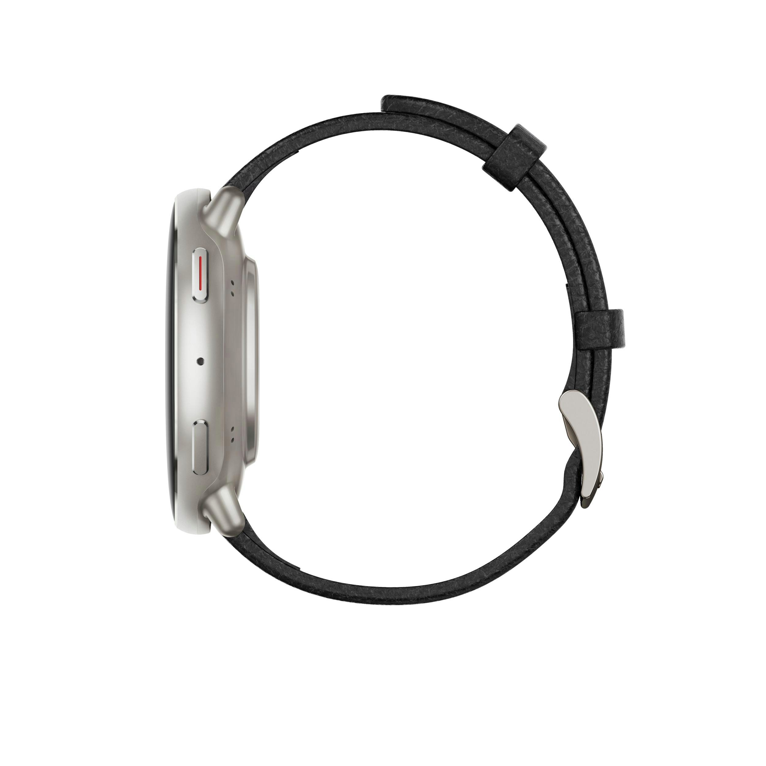 Seitenansicht einer Smartwatch mit silbernem Gehäuse und schwarzem Lederarmband, auf weißem Hintergrund.