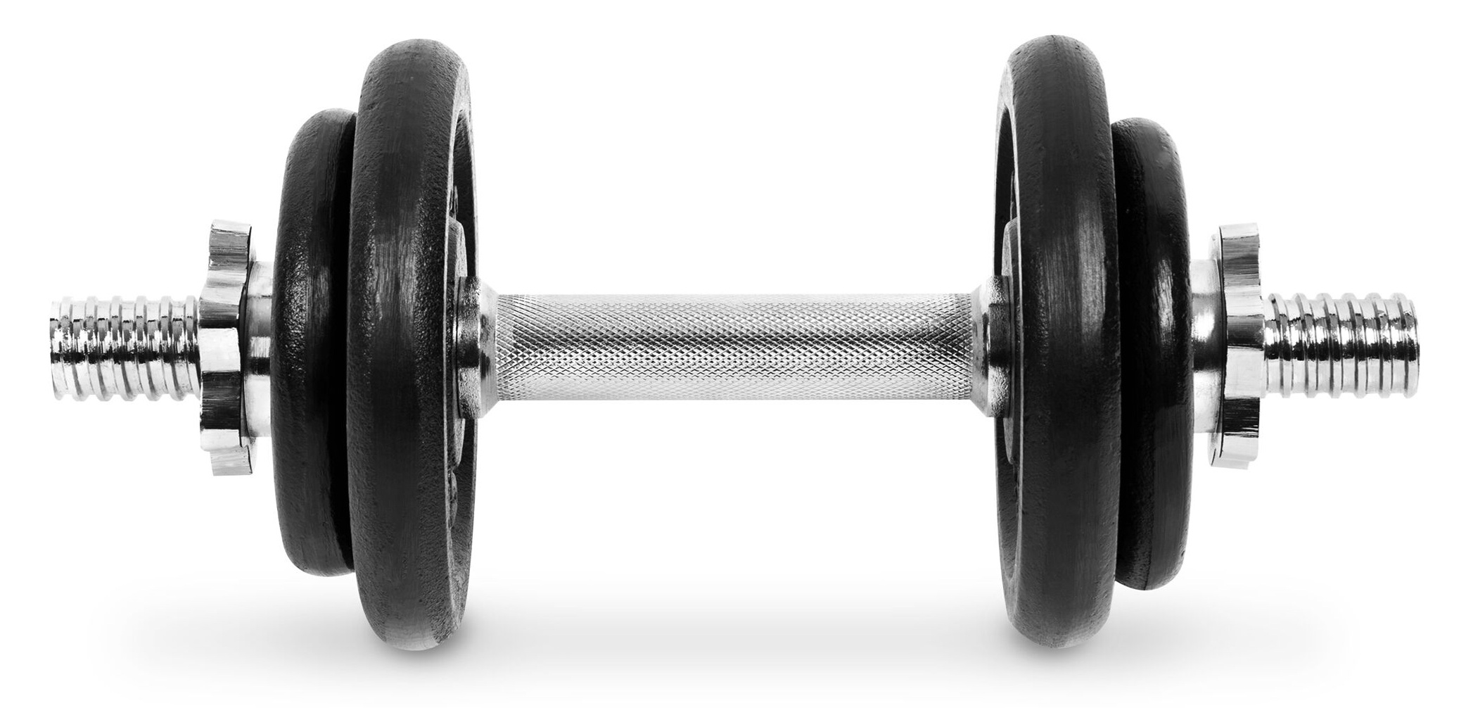 Sztanga, wyśrodkowana na białym tle. Ma teksturowany srebrny uchwyt, czarne obciążniki i srebrne końcówki śrubowe.
