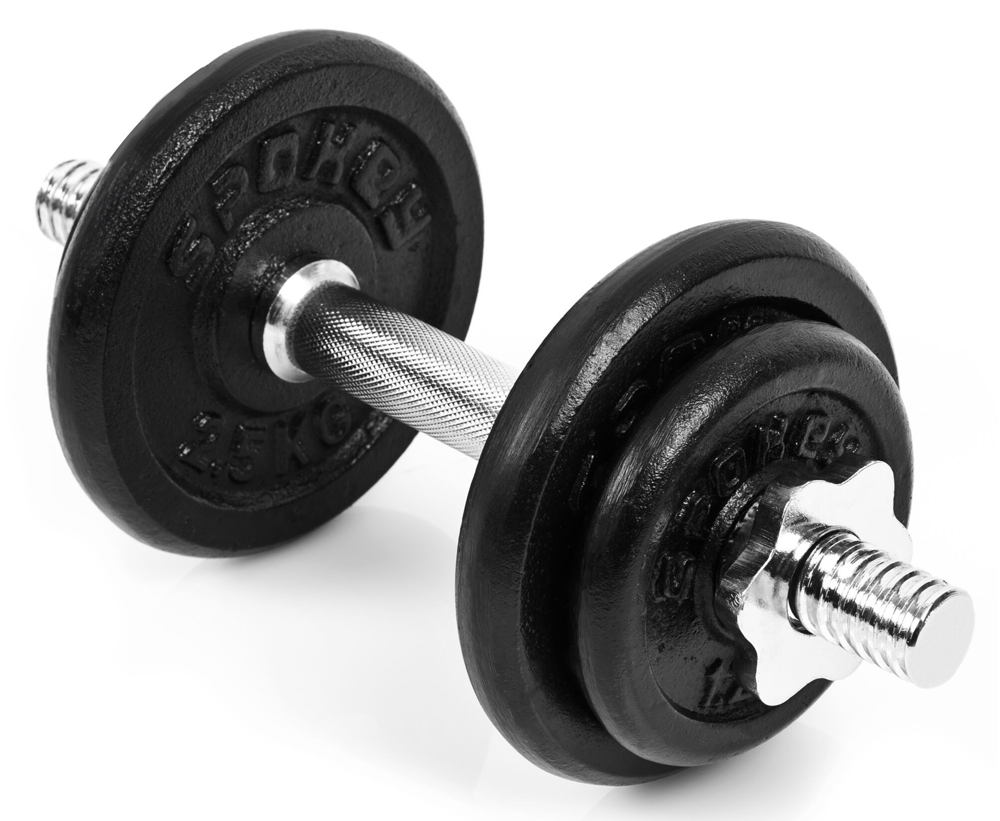 Czarna hantla ze srebrną rączką, dwie obciążniki po każdej stronie, na białej powierzchni.