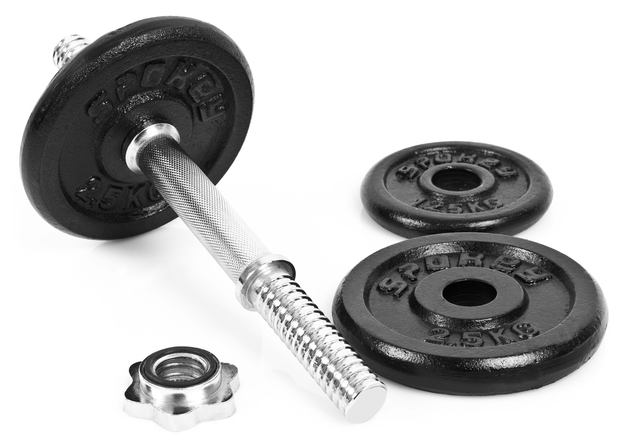 Sztanga z dwoma talerzami i śrubą. Talerze są czarne z oznaczeniami wagi. Uchwyt jest srebrny.