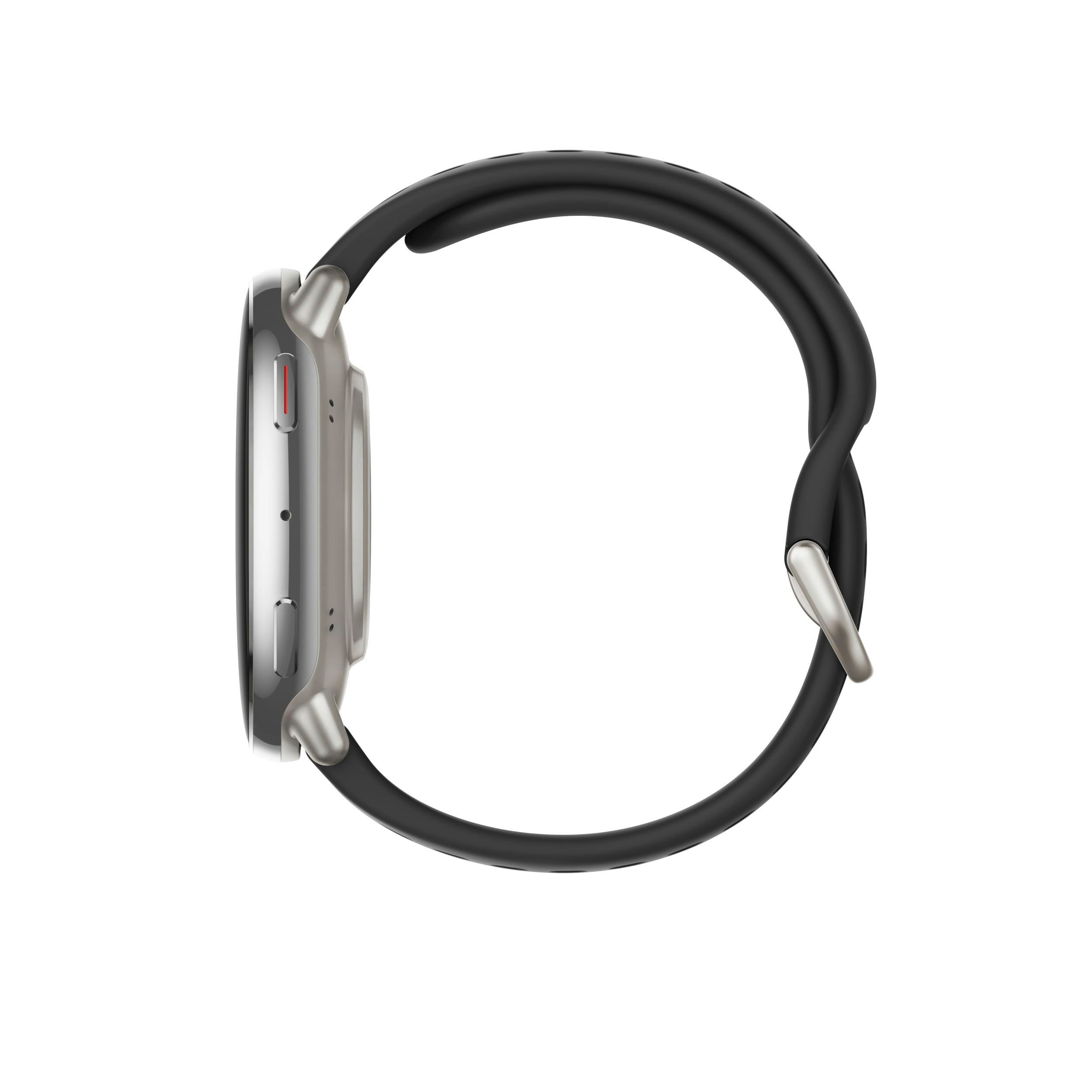 Seitenansicht einer silbernen Smartwatch mit schwarzem Armband auf weißem Hintergrund.