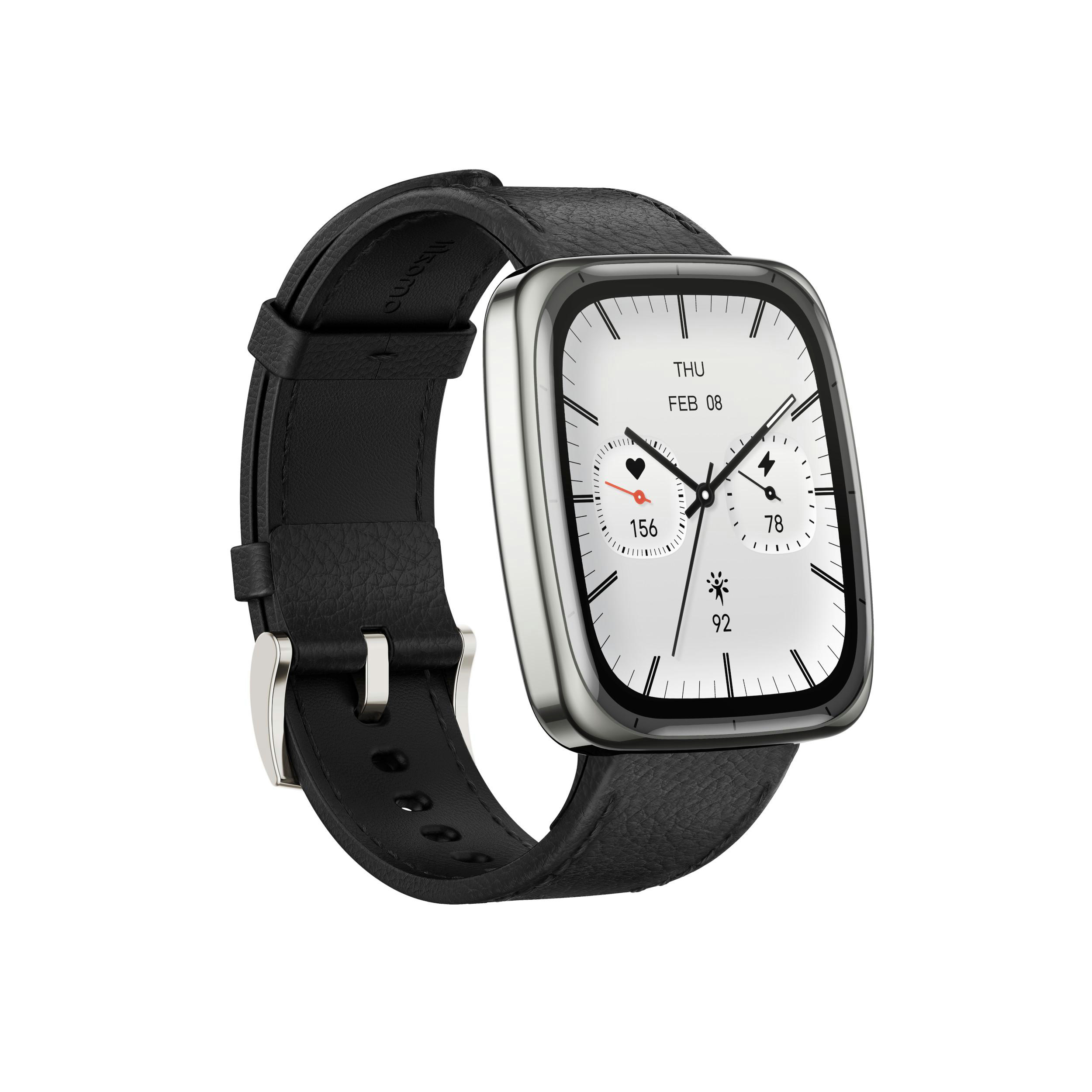 Eine Smartwatch mit silbernem Gehäuse und schwarzem Lederarmband. Das Zifferblatt zeigt Datum, Herzfrequenz und Akku.