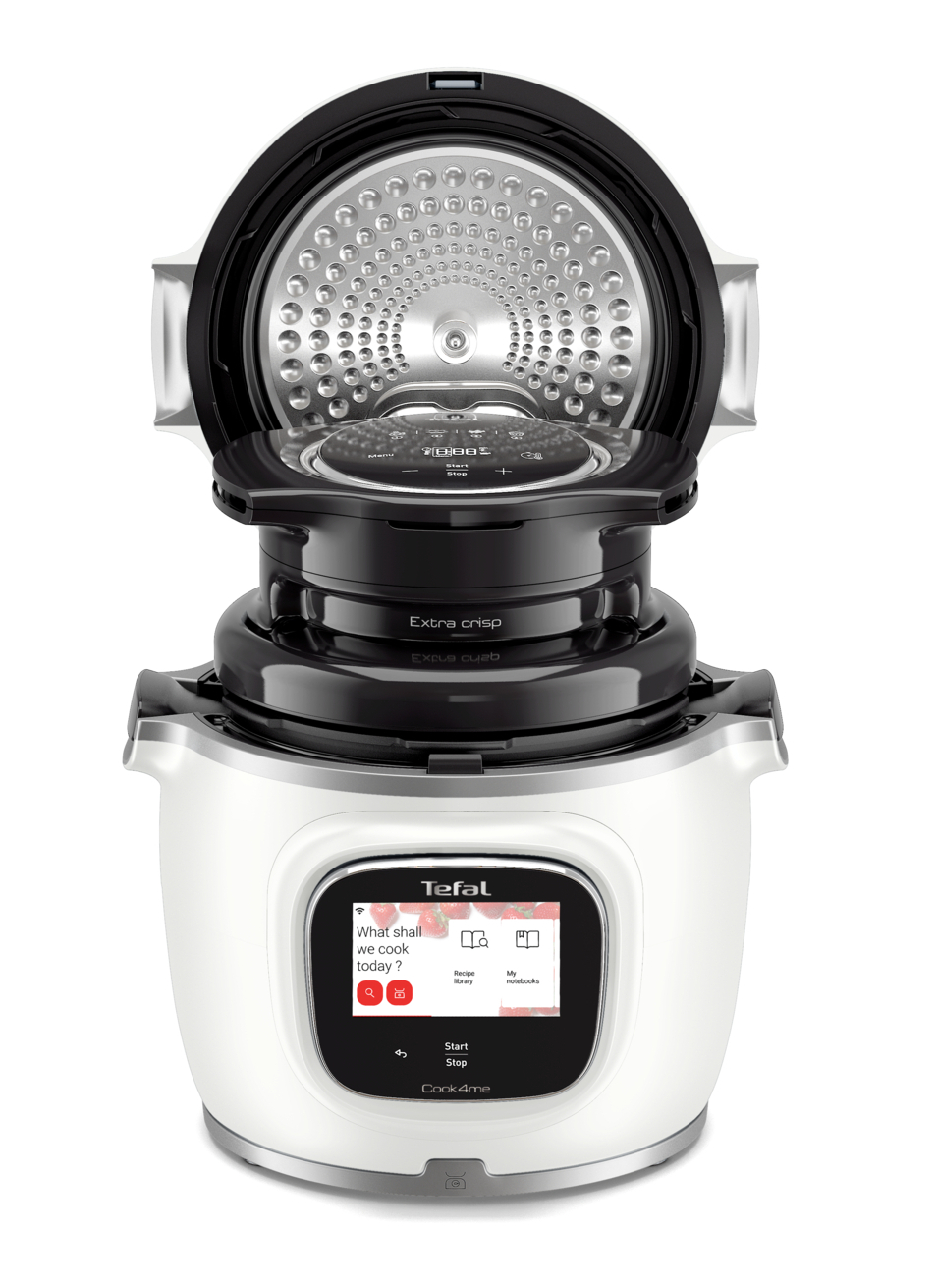 Biało-czarny multicooker Tefal Cook4me jest otwarty, odsłaniając garnek do gotowania. Ma ekran dotykowy i wyświetla opcje menu.