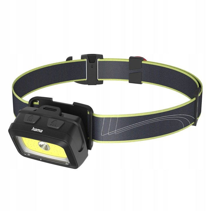 Czarna lampa czołowa z żółtym światłem, czarny pasek z zielonymi krawędziami. Lampa ma przyciski i markę 'hama'.
